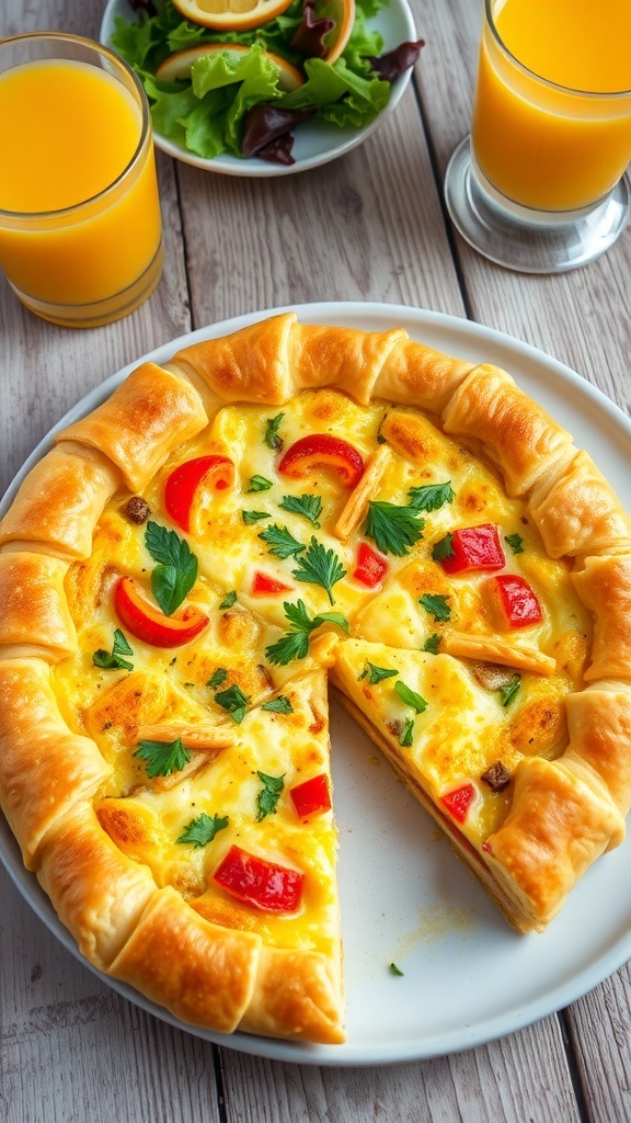 A golden-brown crescent roll quiche filled with vegetables and cheese, garnished with herbs, served on a wooden table with salad and juice.